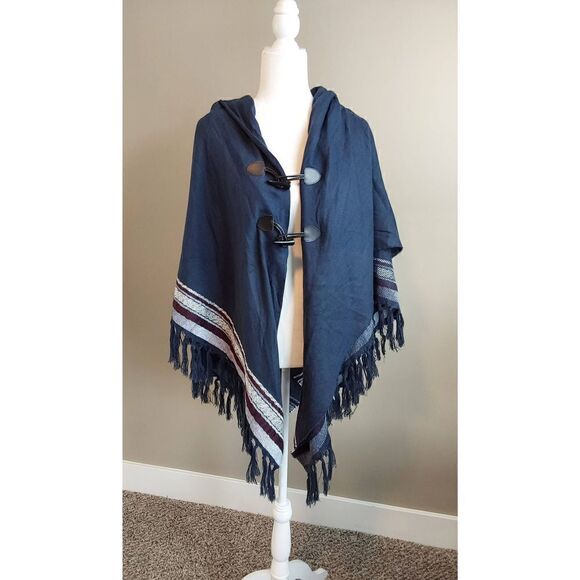 Poncho Wrap Hooded Navy One Size Fringe - Picture 1 of 7